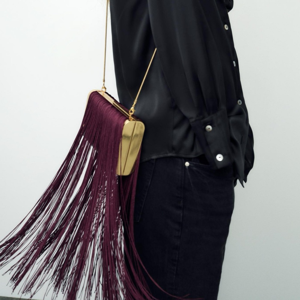 Zara Gold and Red Crossbody Bag with Fringe and Chain Strap